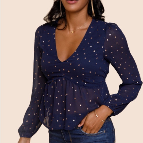 Francesca’s Mi Ami‎ Mila Star Print blouse blue gold size small - Picture 1 of 5